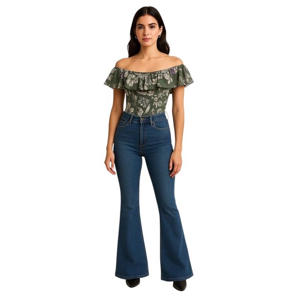 Bebe Mesh Floral Off Shoulder Thing Bodysuit Green Size S Boho  Coastal Summer - Picture 1 of 15